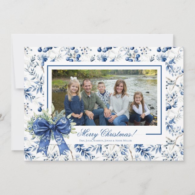 Tarjeta de Navidad con Toile de Acebo Azul (Anverso)