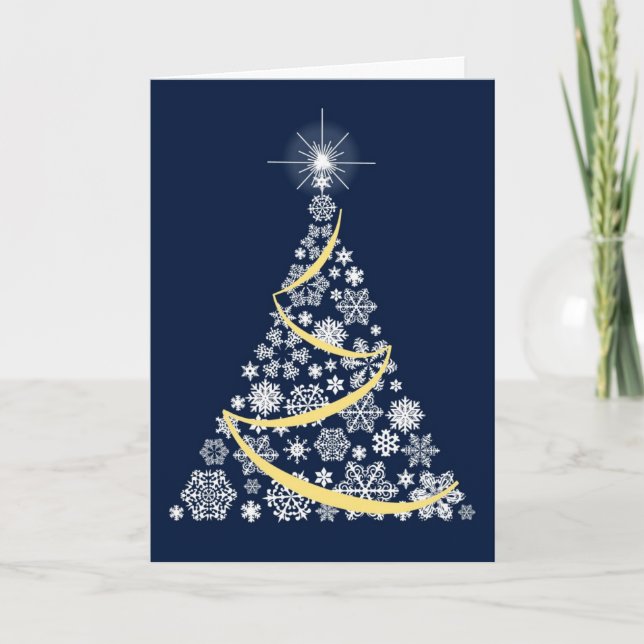 Tarjeta de navidad con un árbol blanco de copos de (Anverso)