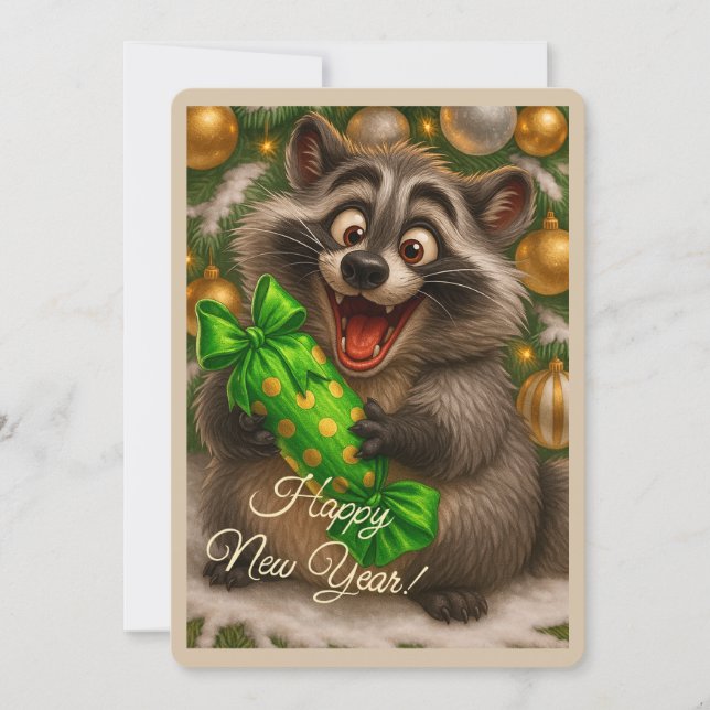 Tarjeta de Navidad con un mapache (Anverso)