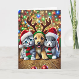 Tarjeta de navidad con un perro, un gato y un cone