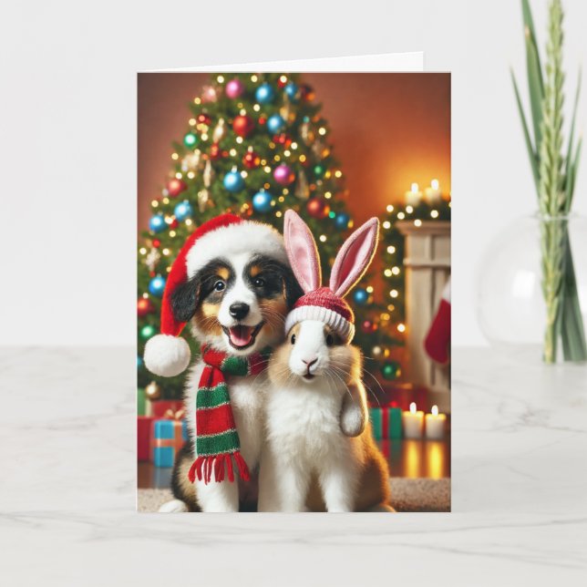 Tarjeta de navidad con un perro y un conejito (Anverso)
