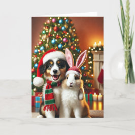 Tarjeta de navidad con un perro y un conejito