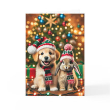 Tarjeta de navidad con un perro y un conejito