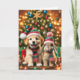 Tarjeta de navidad con un perro y un conejito