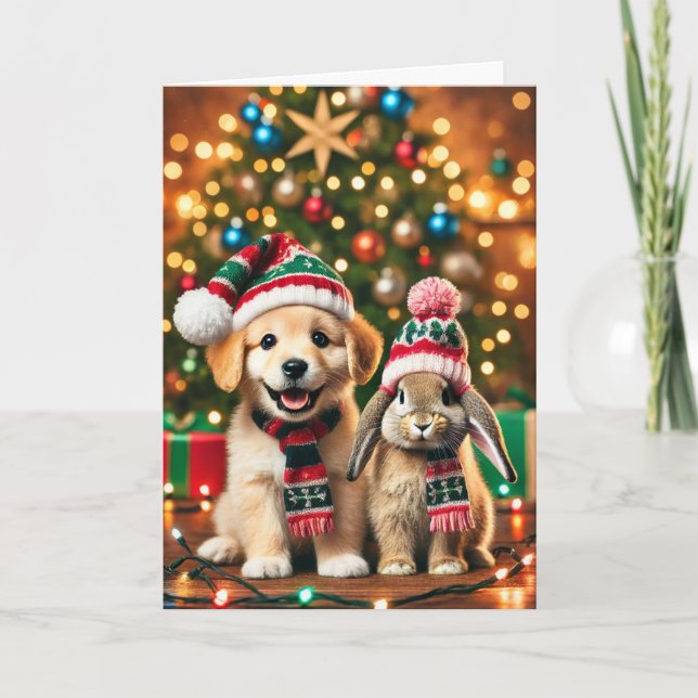 Tarjeta de navidad con un perro y un conejito (Anverso)