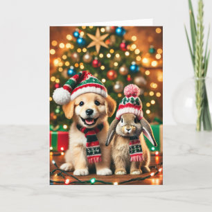 Tarjeta de navidad con un perro y un conejito
