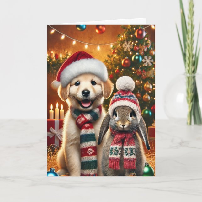Tarjeta de navidad con un perro y un conejito (Anverso)