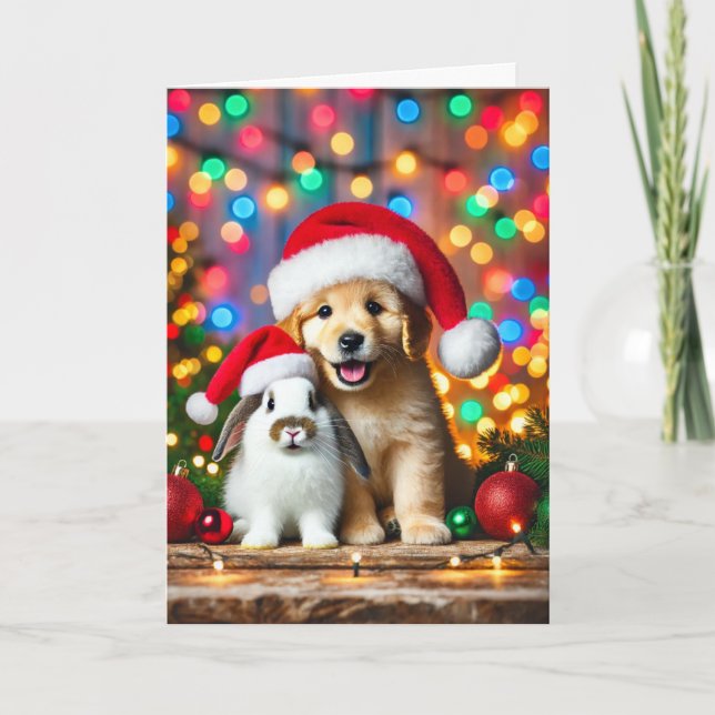 Tarjeta de navidad con un perro y un conejito (Anverso)