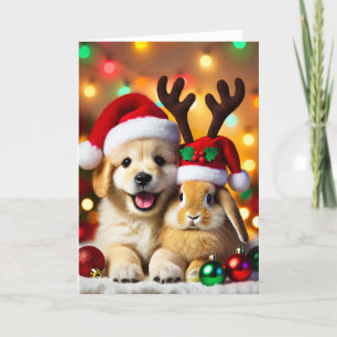 Tarjeta de navidad con un perro y un conejito