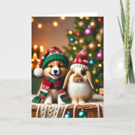 Tarjeta de navidad con un perro y un conejito