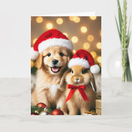 Tarjeta de navidad con un perro y un conejito