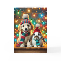 Tarjeta de navidad con un perro y un conejito