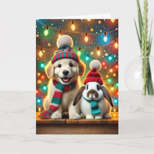 Tarjeta de navidad con un perro y un conejito (Anverso)