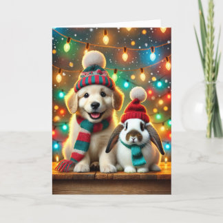 Tarjeta de navidad con un perro y un conejito