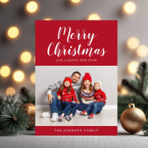 Tarjeta de Navidad con una Foto y Letra Roja Elega