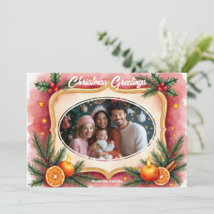 Tarjeta de Navidad con velas y cítricos en acuarel