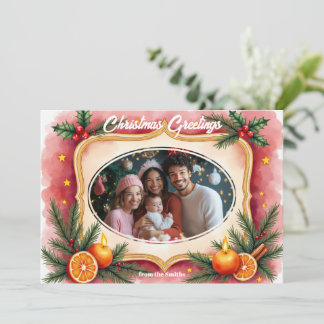 Tarjeta de Navidad con velas y cítricos en acuarel