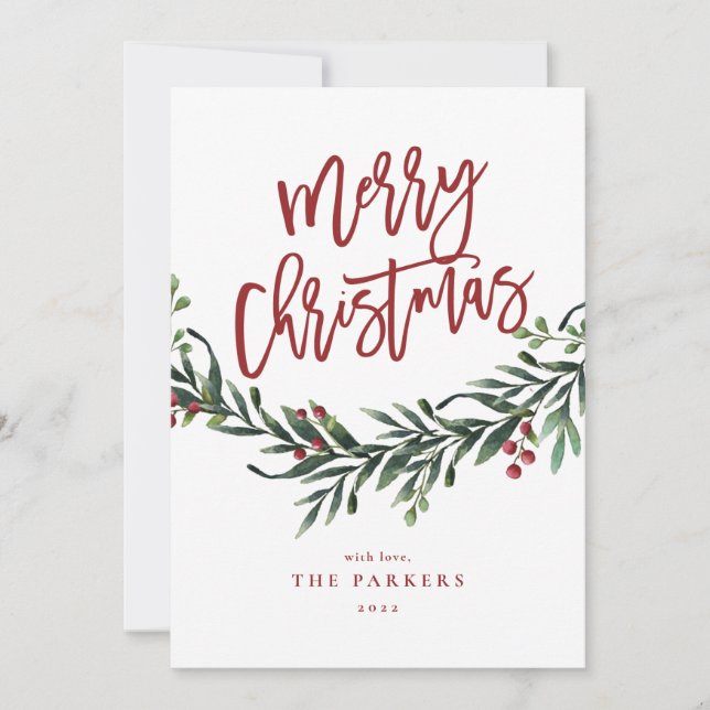 Tarjeta de Navidad con Verdor en Letra Script (Anverso)