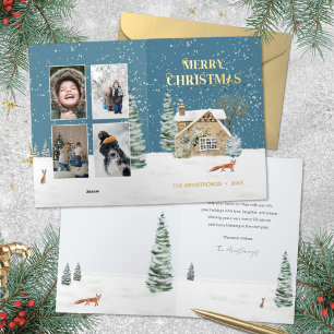 Tarjeta de Navidad con zorro en granja en acuarela