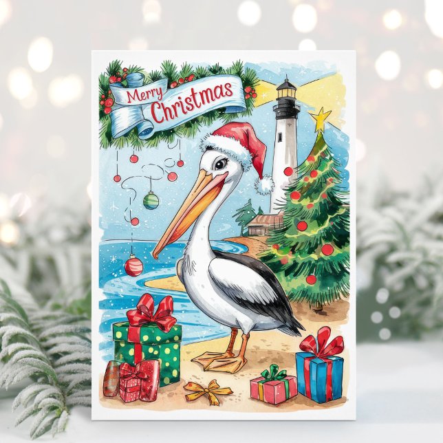 Tarjeta de navidad costera pelicana acuarela (Subido por el creador)