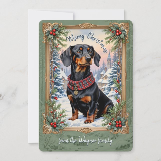 Tarjeta de Navidad Dachsund Dog Vintage (Anverso)