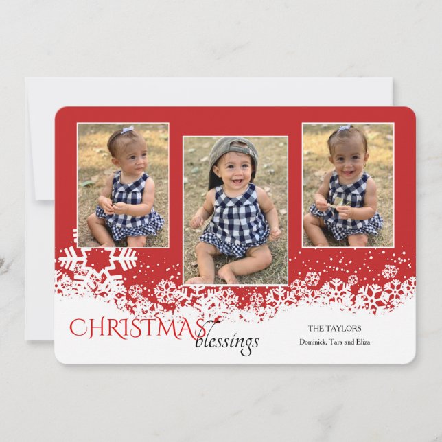 Tarjeta de Navidad de 3 Fotos Christmas Blessings (Anverso)