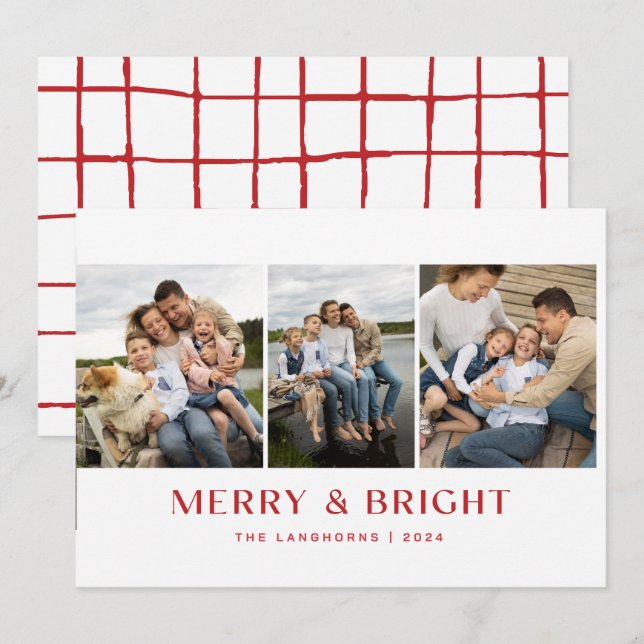 Tarjeta de Navidad de 3 Fotos Merry & Bright (Anverso / Reverso)