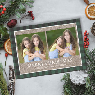 Tarjeta de Navidad de Abuelos 2 Foto Plaid Verde B