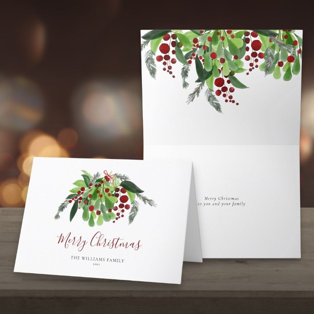 Tarjeta de Navidad de Acuarela con Bayas Rojas y V (Watercolor Red Berries Greenery Christmas Holiday Card)