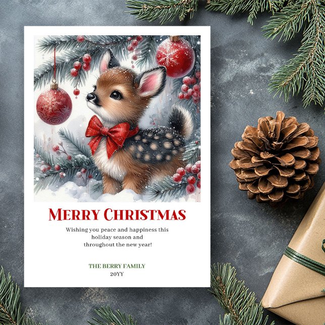 Tarjeta de Navidad de Acuarela de Bosque Nevado Tr (Calm Snowy Forest Fawn Watercolor Christmas Card Christ)