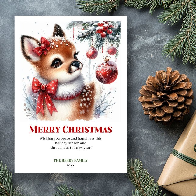 Tarjeta de Navidad de acuarela de cervatillo del b (Chic Hushed Forest Fawn Watercolor Christmas Card)