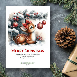 Tarjeta de Navidad de Acuarela de Ciervo en Bosque