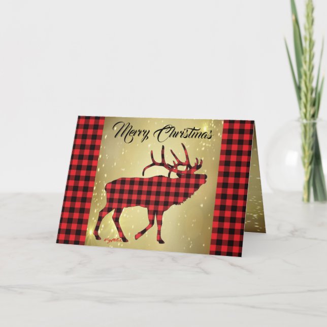 Tarjeta de Navidad de Alce Toro con Cuadros Rojos  (Anverso)