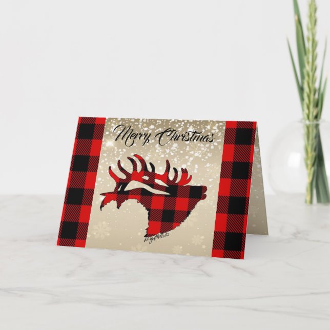Tarjeta de Navidad de Alce Toro con Cuadros Rojos  (Anverso)