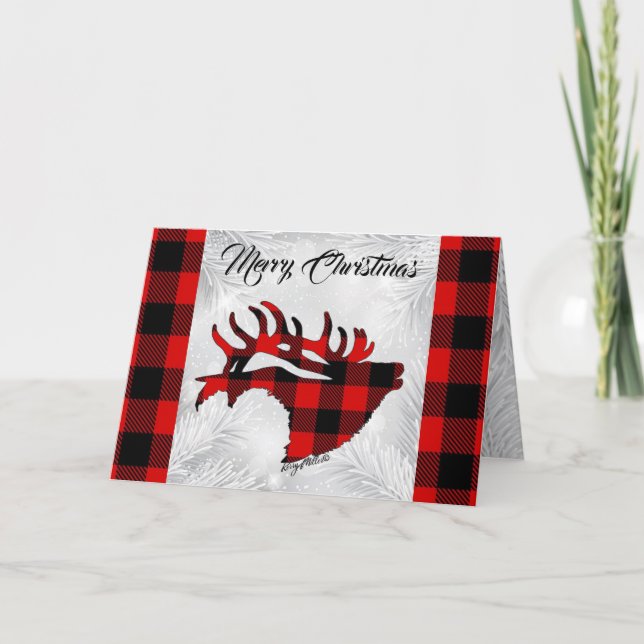 Tarjeta de Navidad de Alce Toro con Cuadros Rojos  (Anverso)