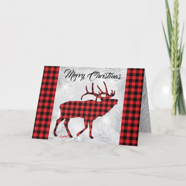 Tarjeta de Navidad de Alce Toro con Cuadros Rojos  (Anverso)