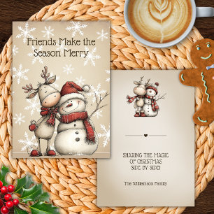 Tarjeta de Navidad de Amigos Reno y Muñeco de Niev