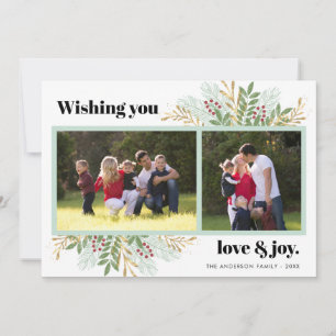 Tarjeta de Navidad de amor y alegría con vegetació
