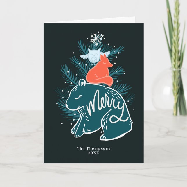 Tarjeta de Navidad de Animales del Bosque Feliz (Anverso)