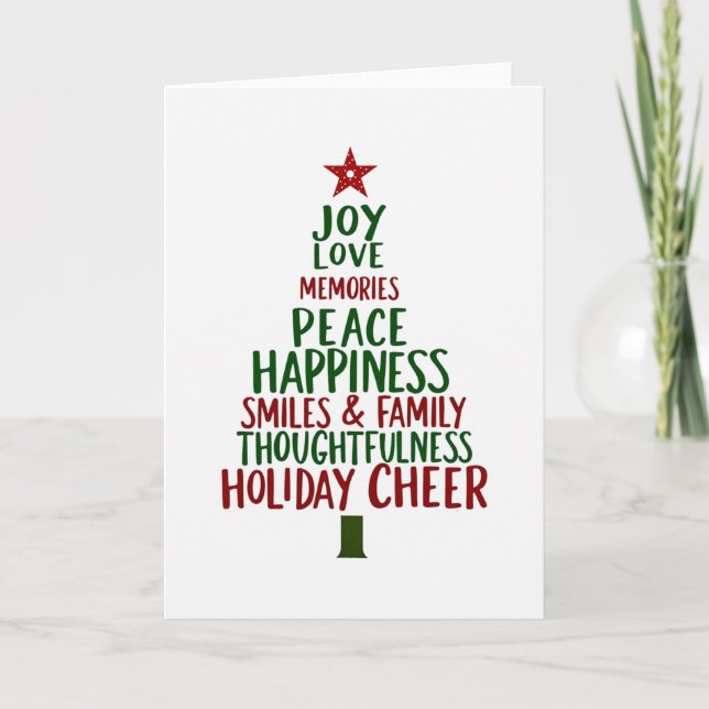 Tarjeta de Navidad de árbol de palabras de alegría (Anverso)