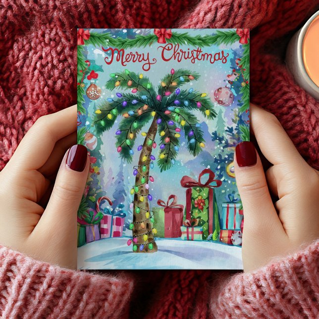 Tarjeta de Navidad de árbol de palma tropical con  (Watercolor Palm Tree Christmas Card)