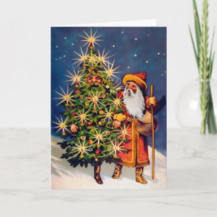 Tarjeta de Navidad de árbol vivo victoriano y Sant