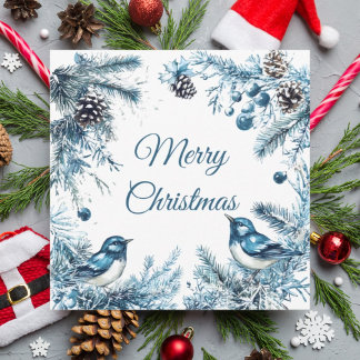 Tarjeta de Navidad de árboles de pino pájaros azul