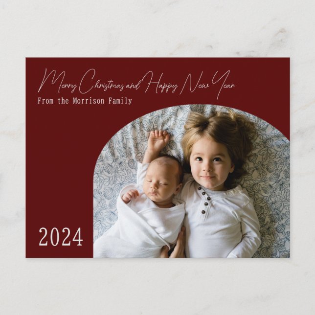 Tarjeta de Navidad de arco rojo moderno boho chic (Anverso)