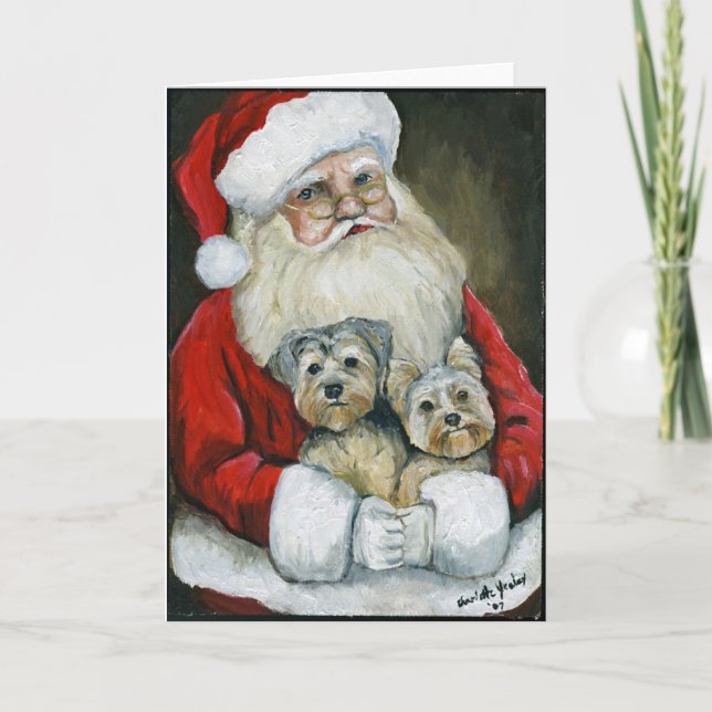 Tarjeta de Navidad de arte de perro de Santa & Yor (Anverso)