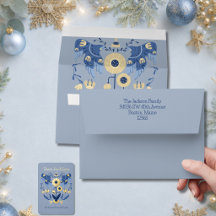 Tarjeta de Navidad de Arte Popular Azul Pálido con