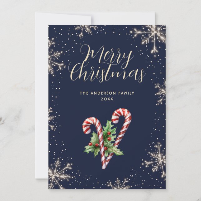 Tarjeta de Navidad de Bastones de Caramelo y Copos (Anverso)