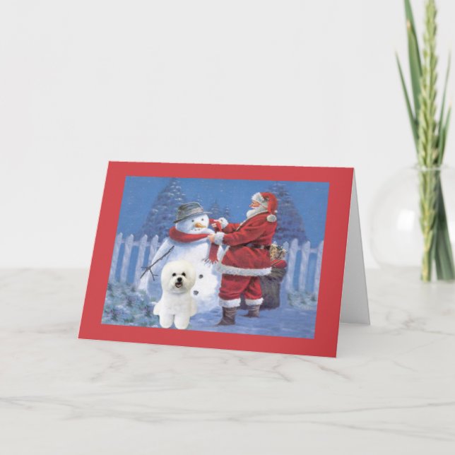 Tarjeta de Navidad de Bichon Frise Santa y muñeco (Anverso)