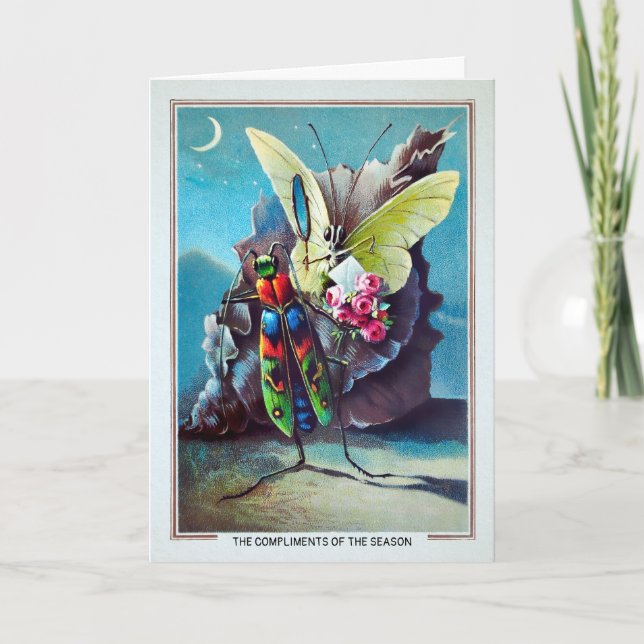 Tarjeta de Navidad de Bichos Victorianos con Flore (Anverso)