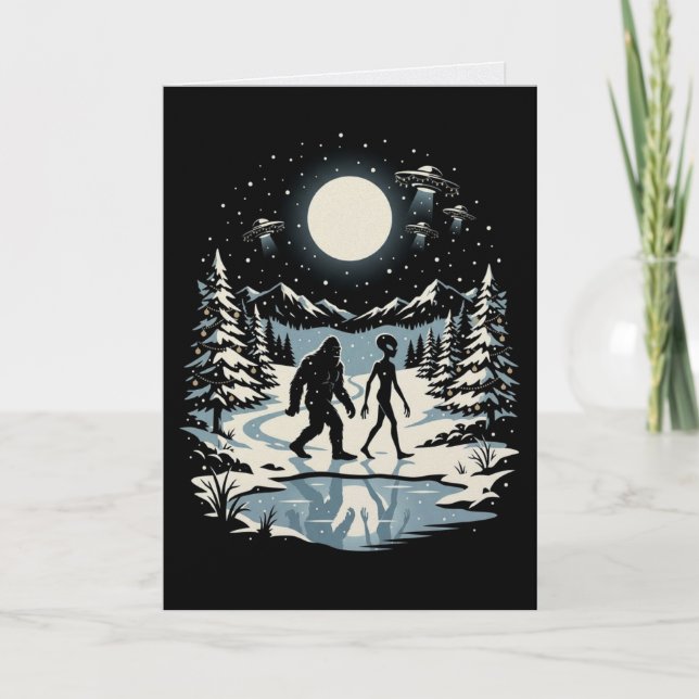 Tarjeta de Navidad de Bigfoot Alien Criptozoología (Anverso)